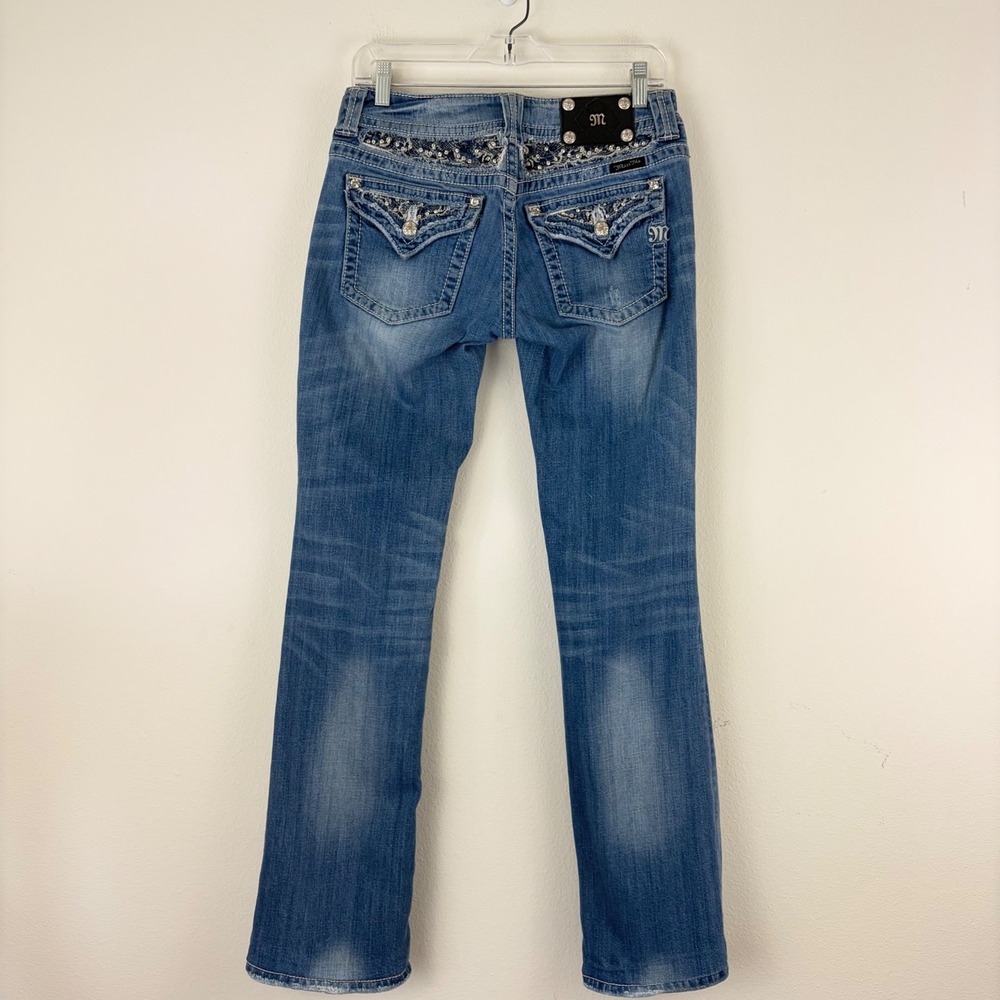 Miss Me Bootcut Jeans Medium Wash Embellished Rhinestone Size 29 Pocket Flap Y2K